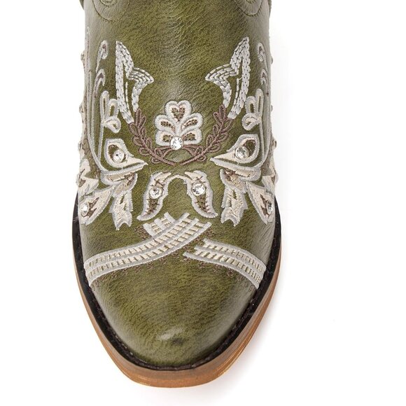 Women's Green Embroidered Rhinestones Knee High Pointed Toe Cowgirl Boots - Picture 3 of 6